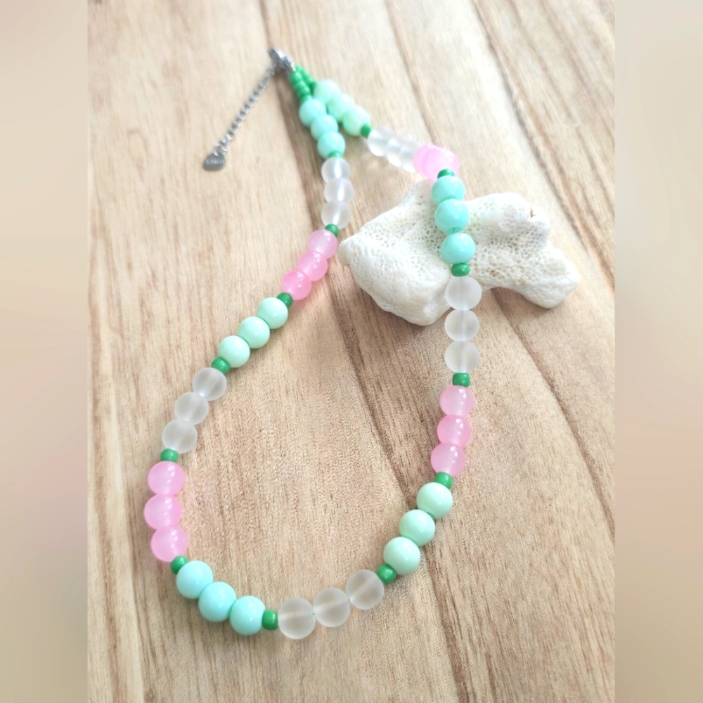 Colorful Pinks And Green Glass Beaded Necklace